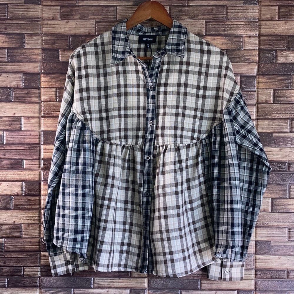 NWT Womens Small Brown Mixed Plaid Heyson Top